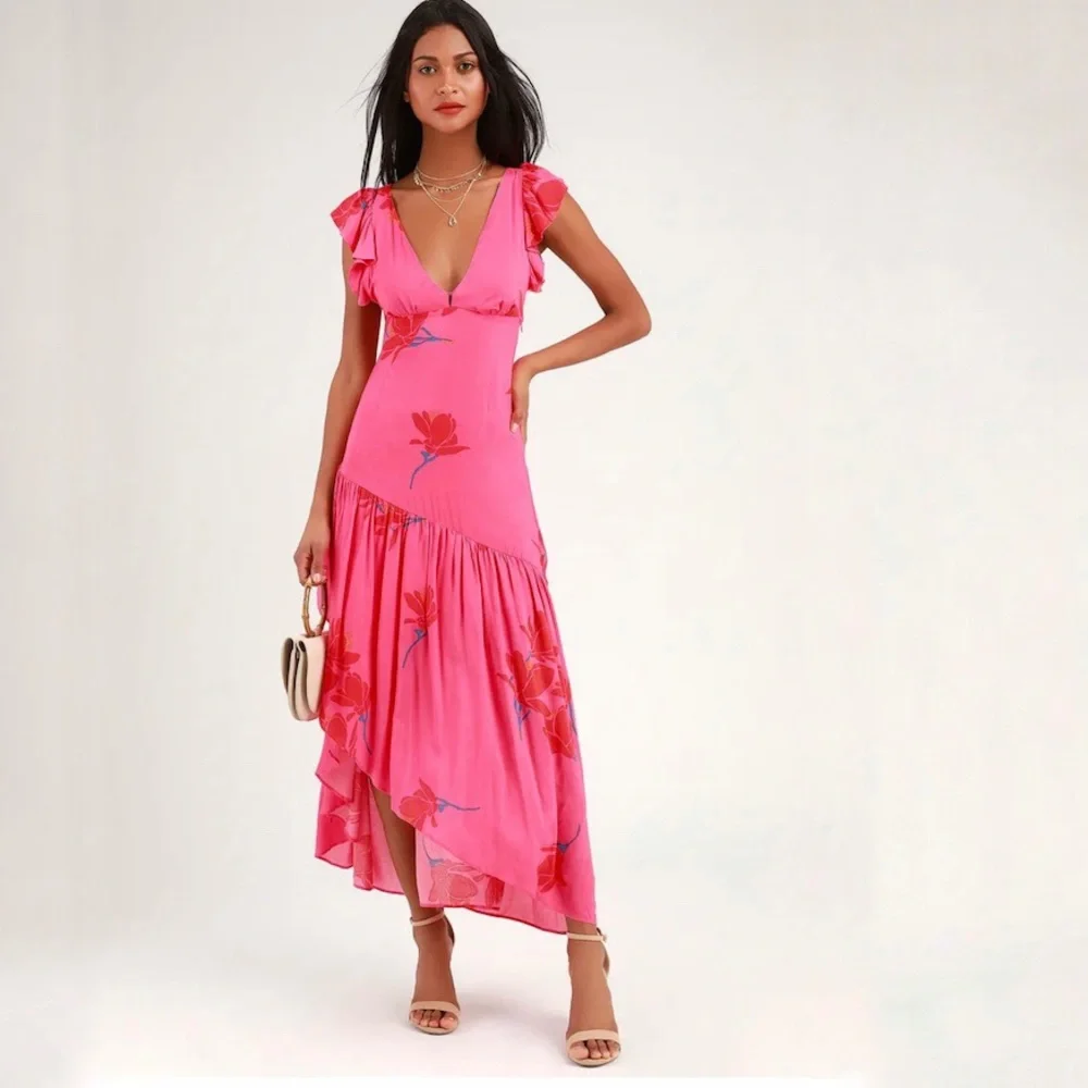 Free People She's a Waterfall Hot Pink Floral Print Ruffled Maxi Dress Size 6